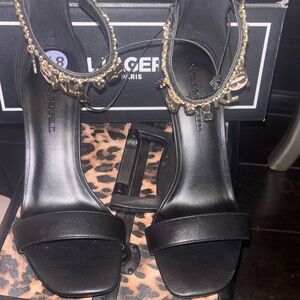 Karl Lagerfeld Black Open-Toe Heeled Sandals with Gold Charm Anklet